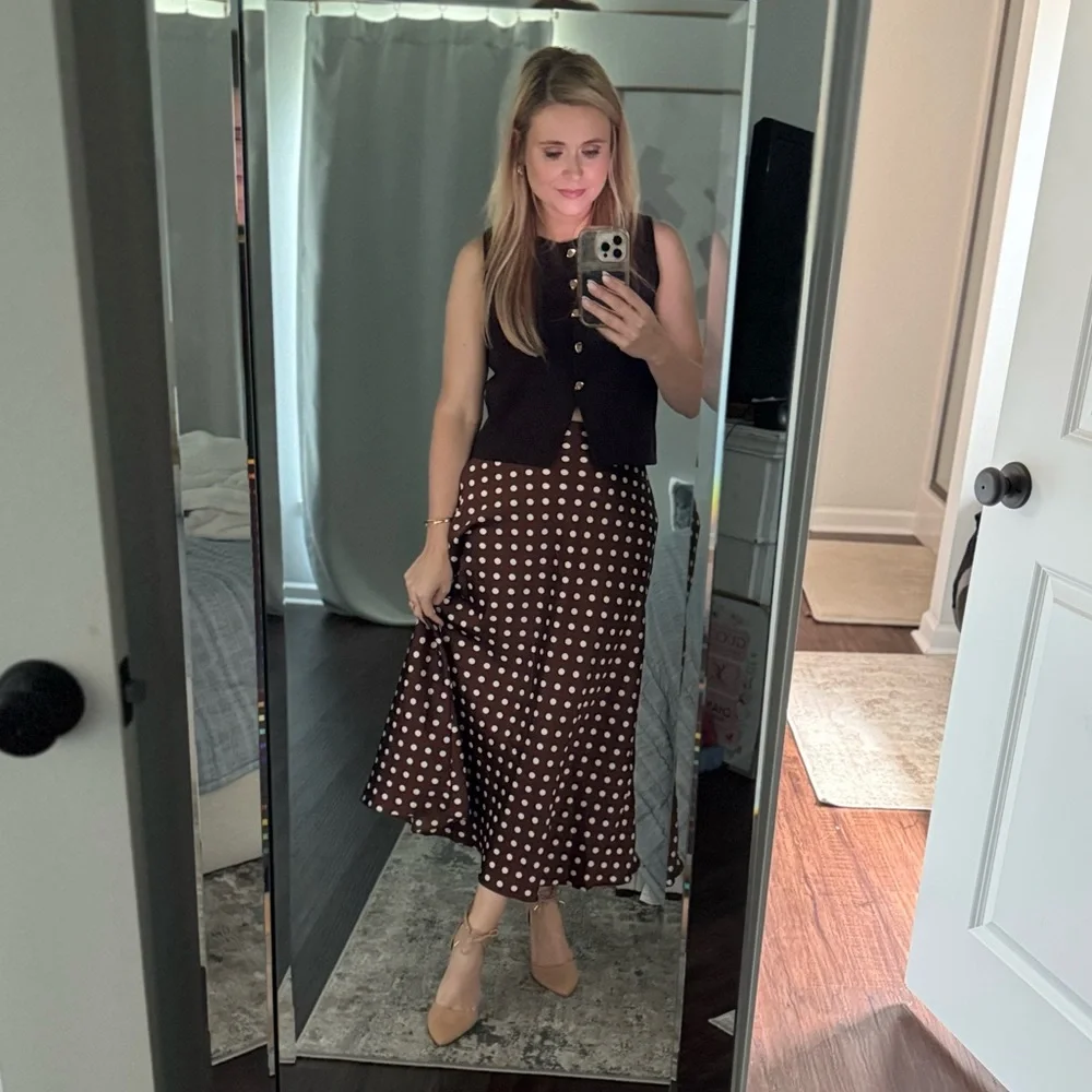 Fall Old Money Style Women's Chocolate Brown / White Polka Dot Satin Long Skirt - Picture 8 of 11